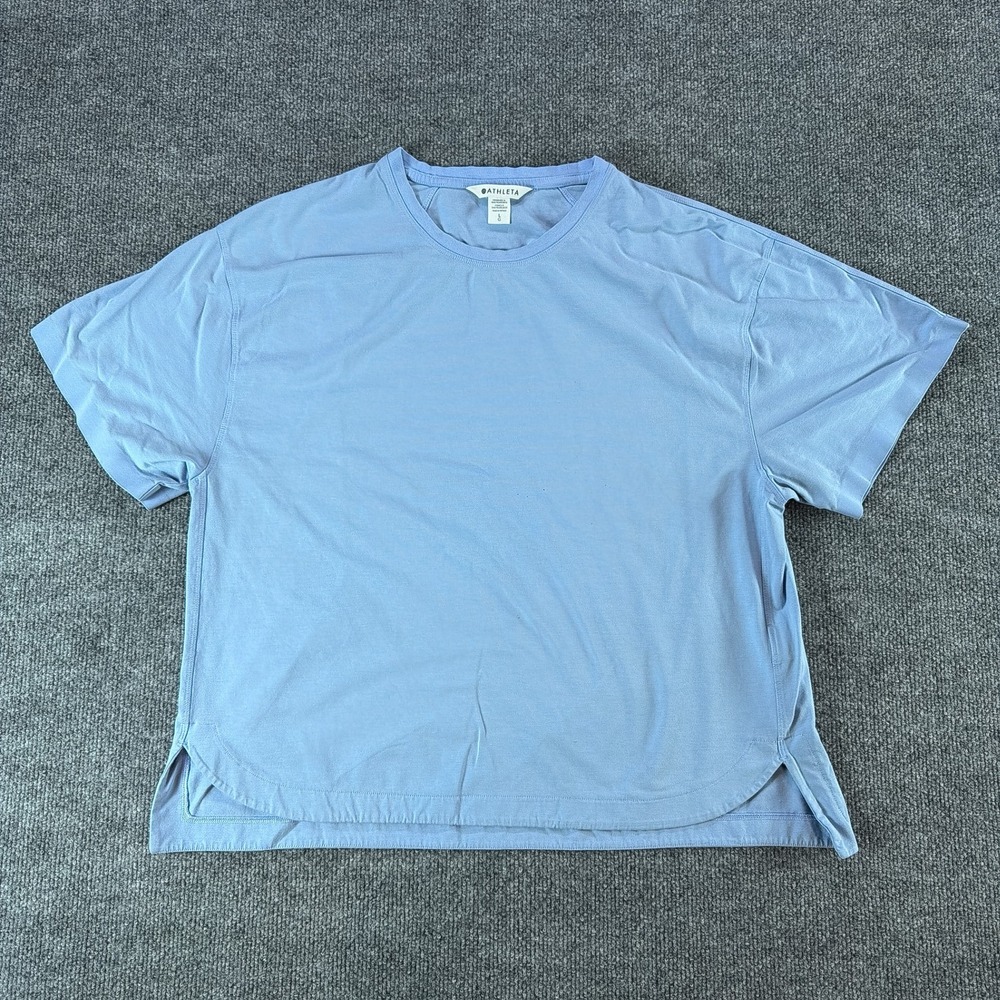 Athleta Womens Light Blue Short Sleeve Relaxed Crew Neck Curved Hem L Athleisure